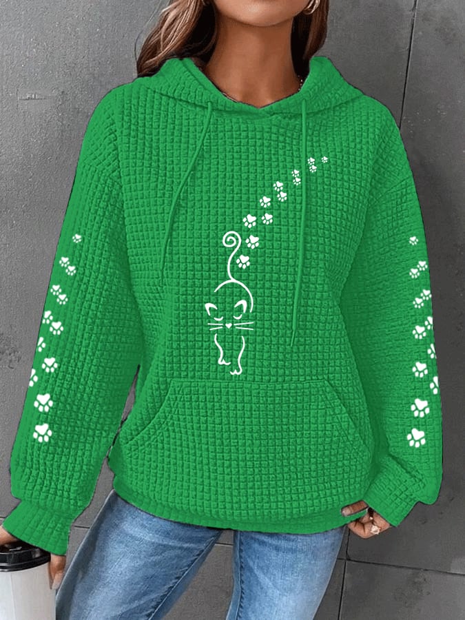 Women's Cute Cat Paw Print Cat Lovers Casual Waffle Hoodie