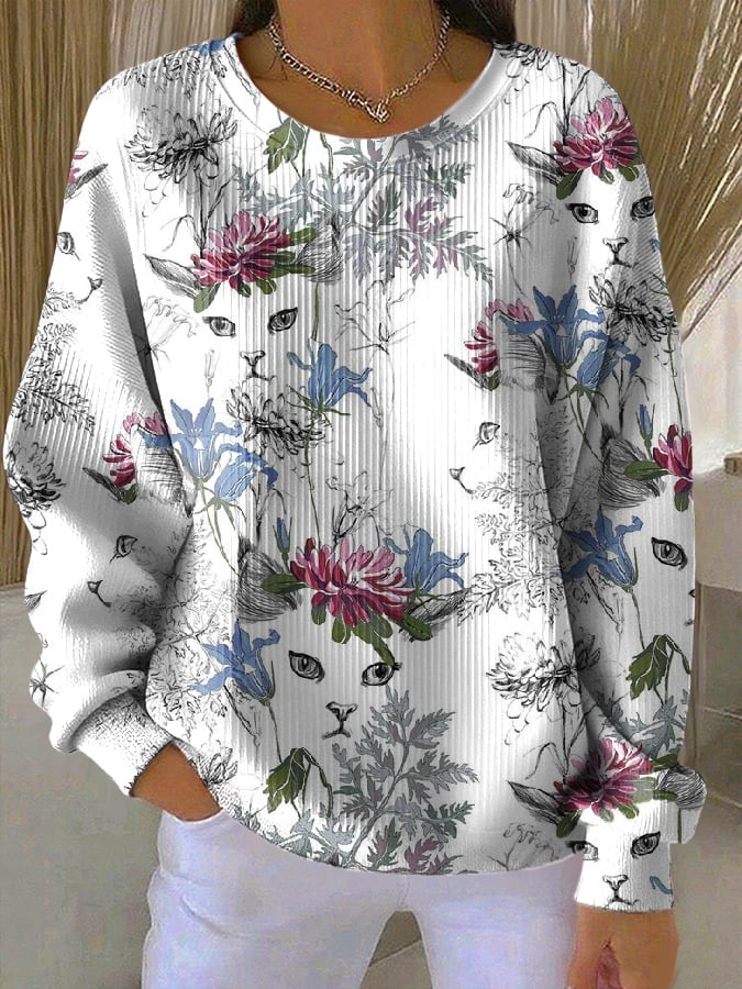 Women's Floral Cat Print Casual Round Neck Sweatshirt