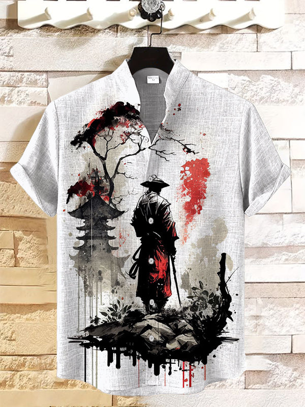 Men's Samurai Tower Tree Japanese Art Print Casual Shirt