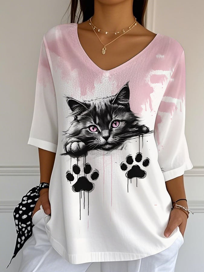 Women'S Casual Black Cat Pinto Horse Print V-Neck T-Shirt