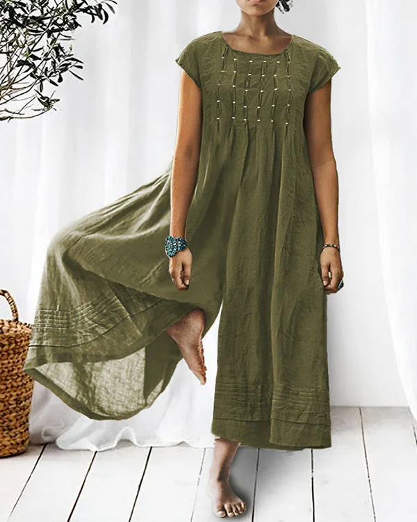 Solid Relaxed Loose Pleated Linen Jumpsuit