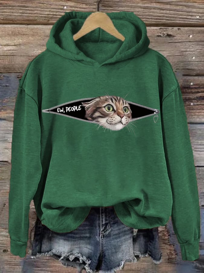 Women's Ew People Cat Print Hoodie