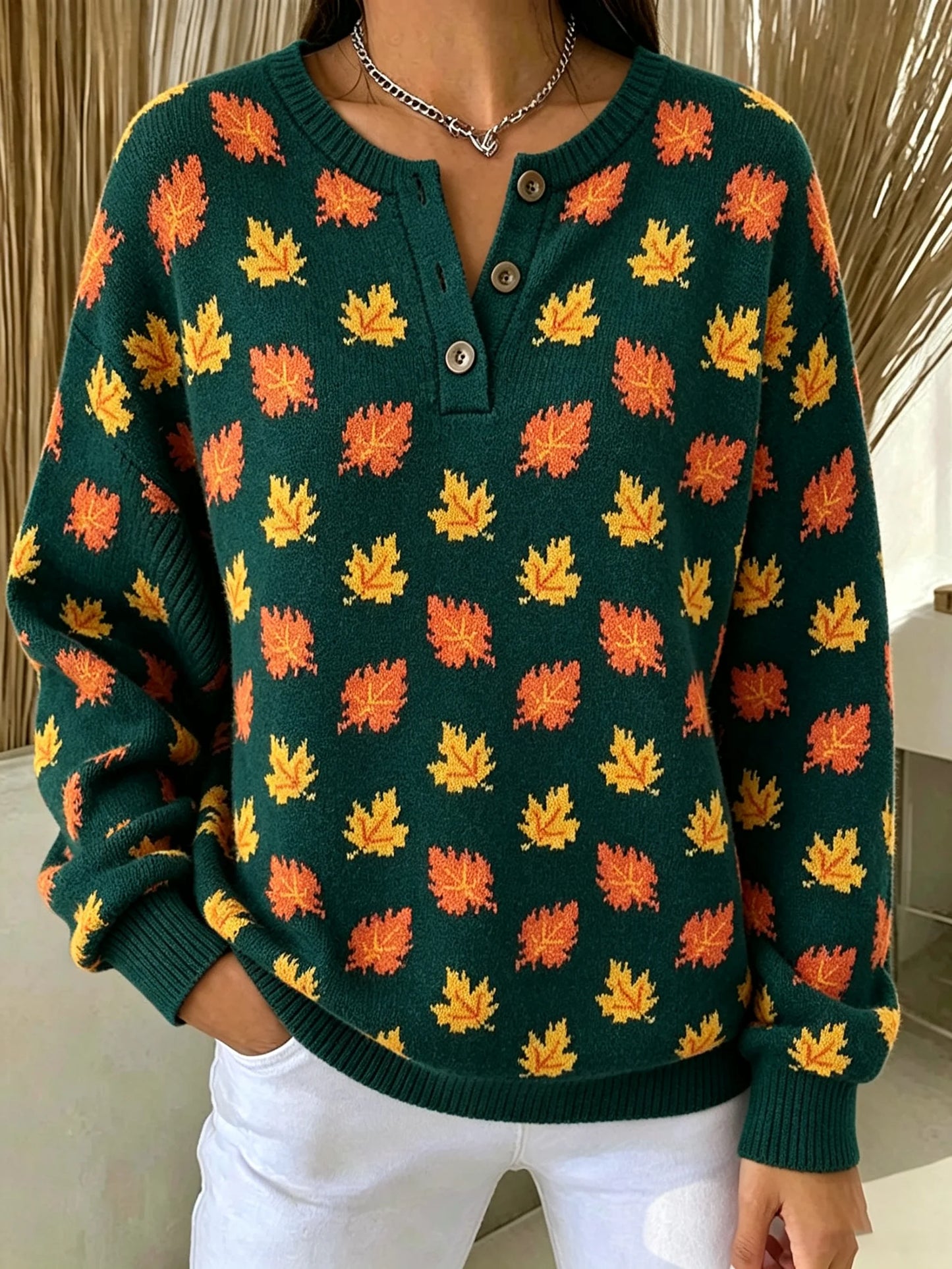 Women's Casual Print Button-Up Collar Knit Top