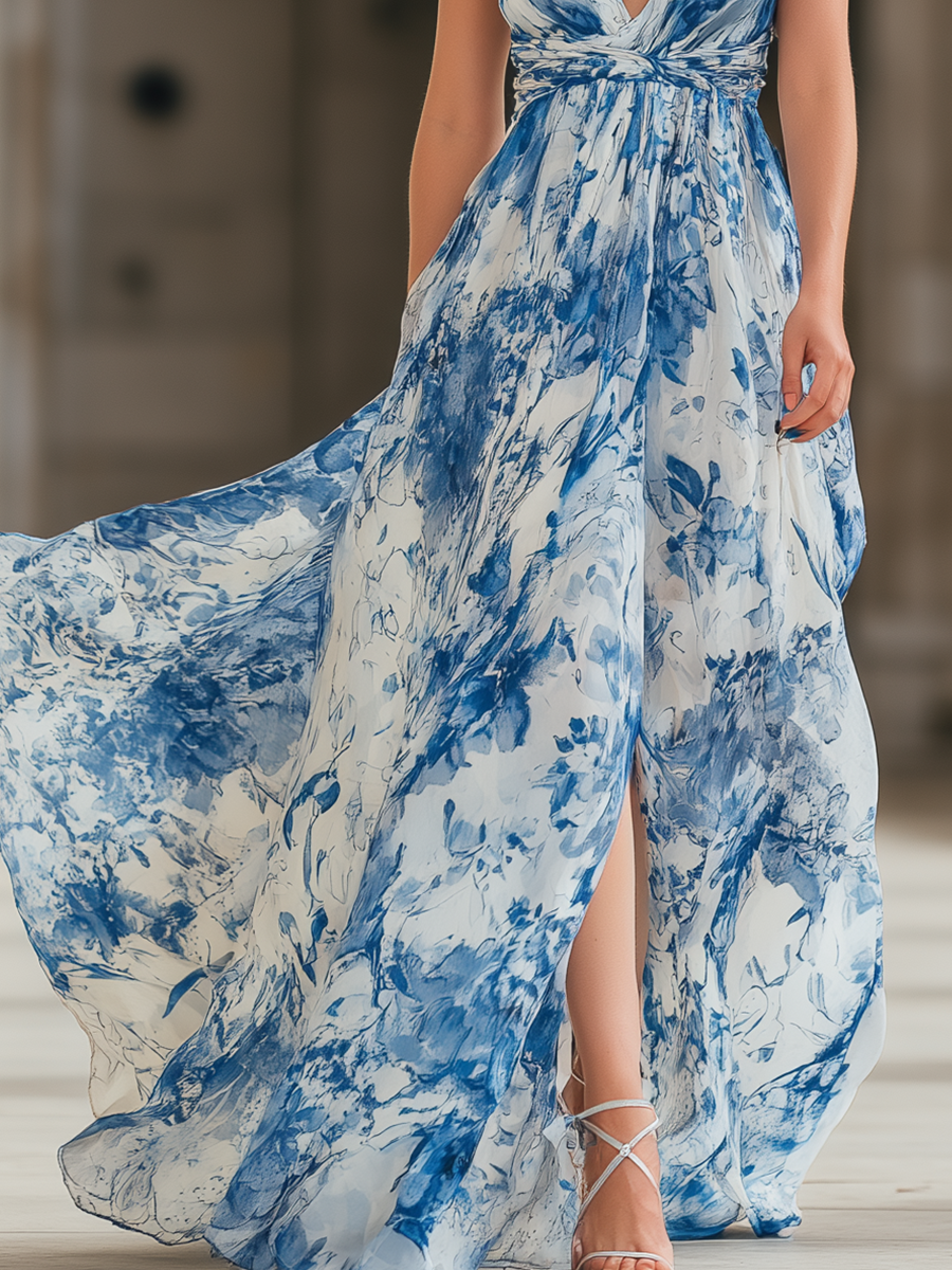 Blue And White Printed Halter-neck Maxi Dress