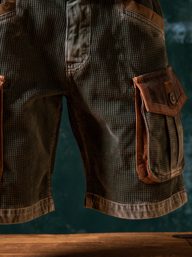 Men's Retro Waffle-Knit & Leather-Panel Print Outdoor Casual Shorts