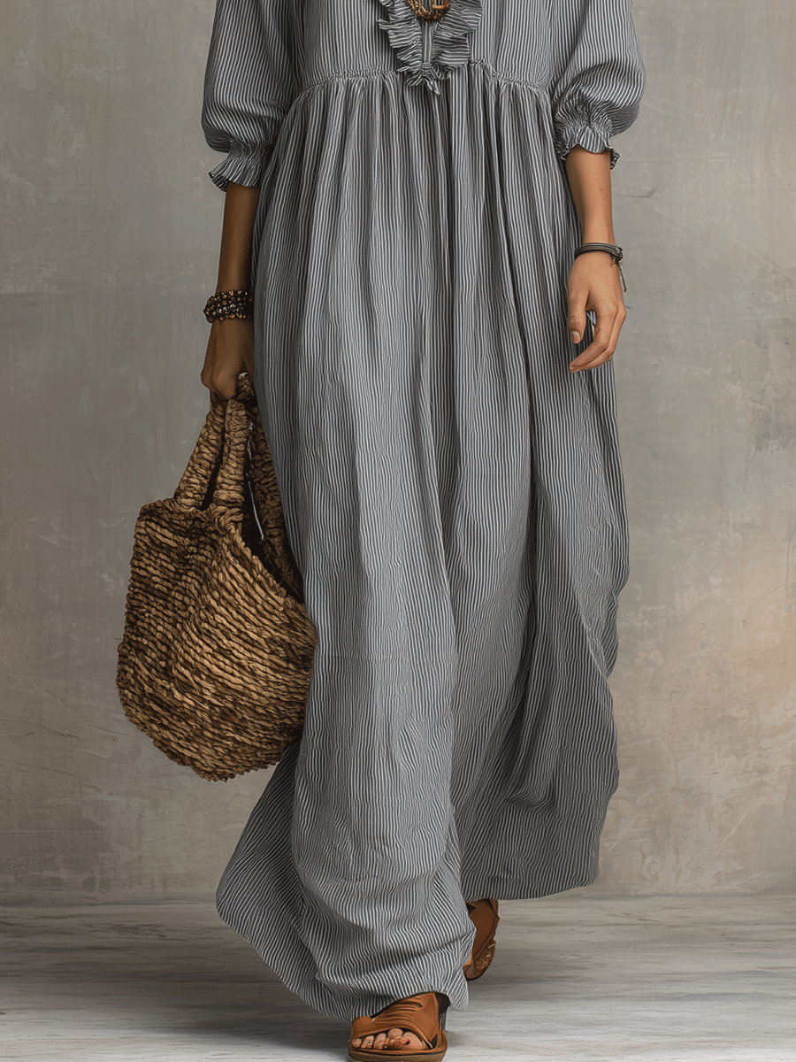 Bohemian Ruffle-Trim Flowy Maxi Dress