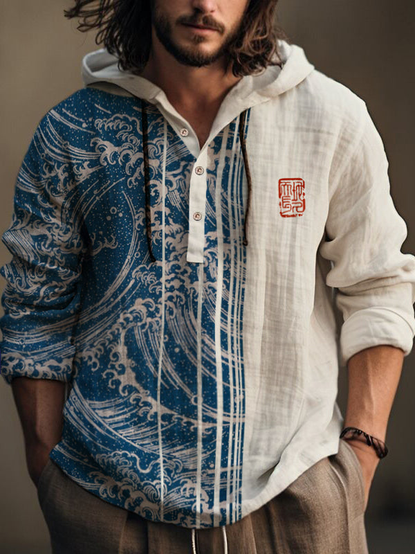 Men's Japanese Wave Art Print Hooded Shirt