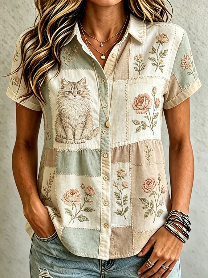 Women's Casual Cat Floral Print Shirt