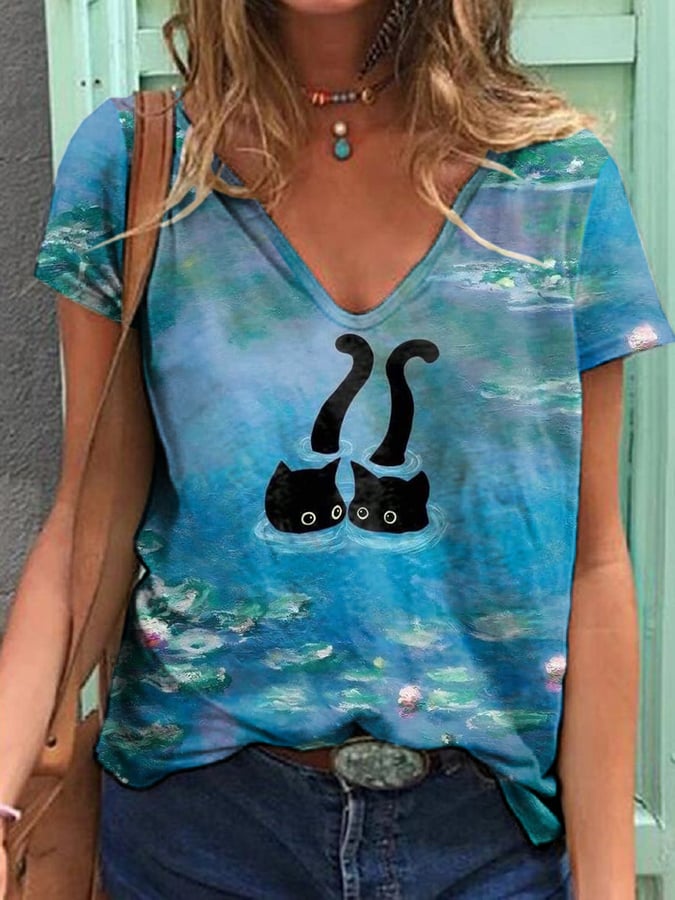 Women'S Casual Monet Water Lilies and Cats Print Short-Sleeved T-Shirt