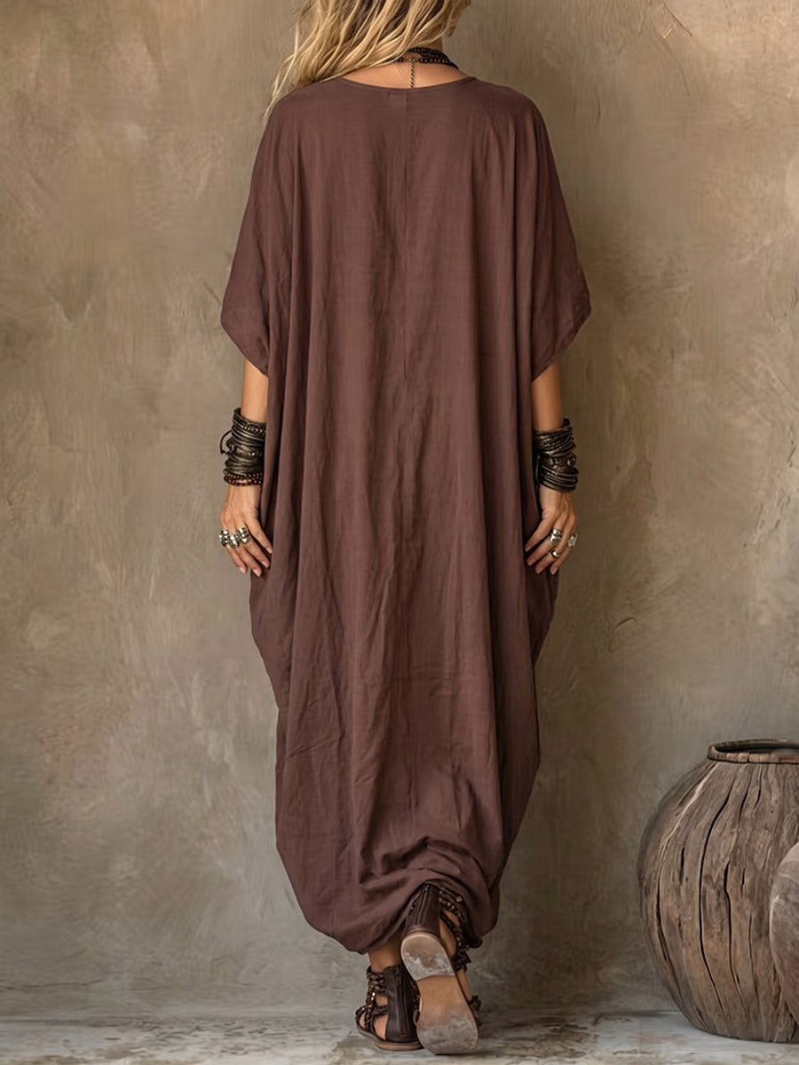 Women's Solid-color V-neck 3/4-sleeve Casual Loose Cotton-linen Dress