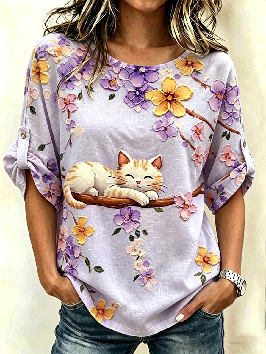 Women's Cat-Themed Cotton-Linen Top