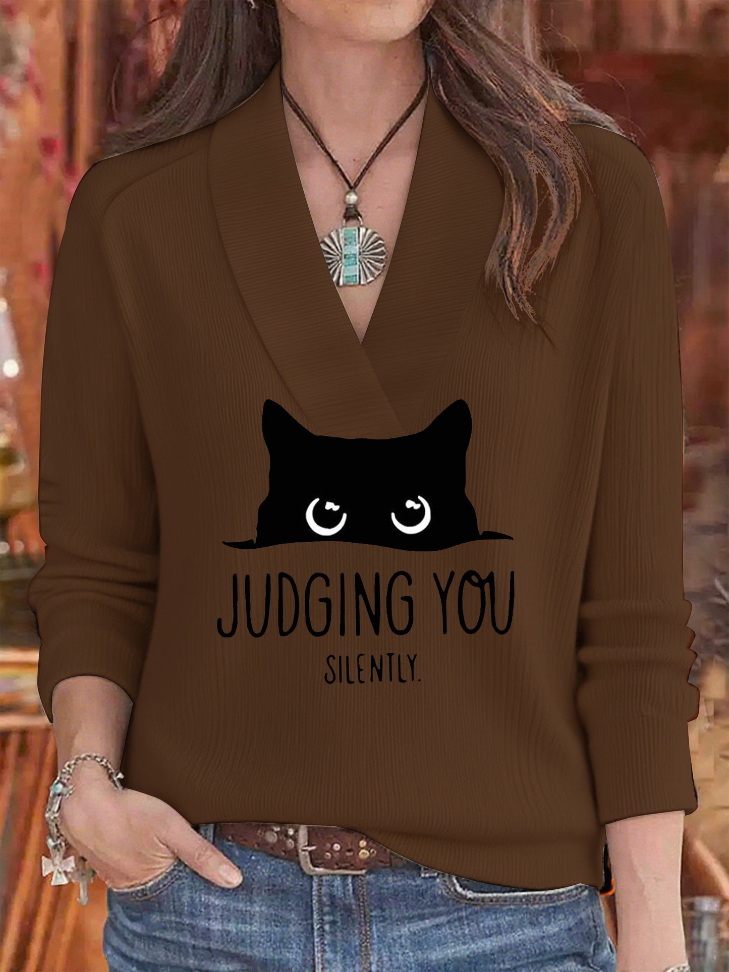 Women's Fall Look Black Cat Halloween Print Casual V-Neck Top