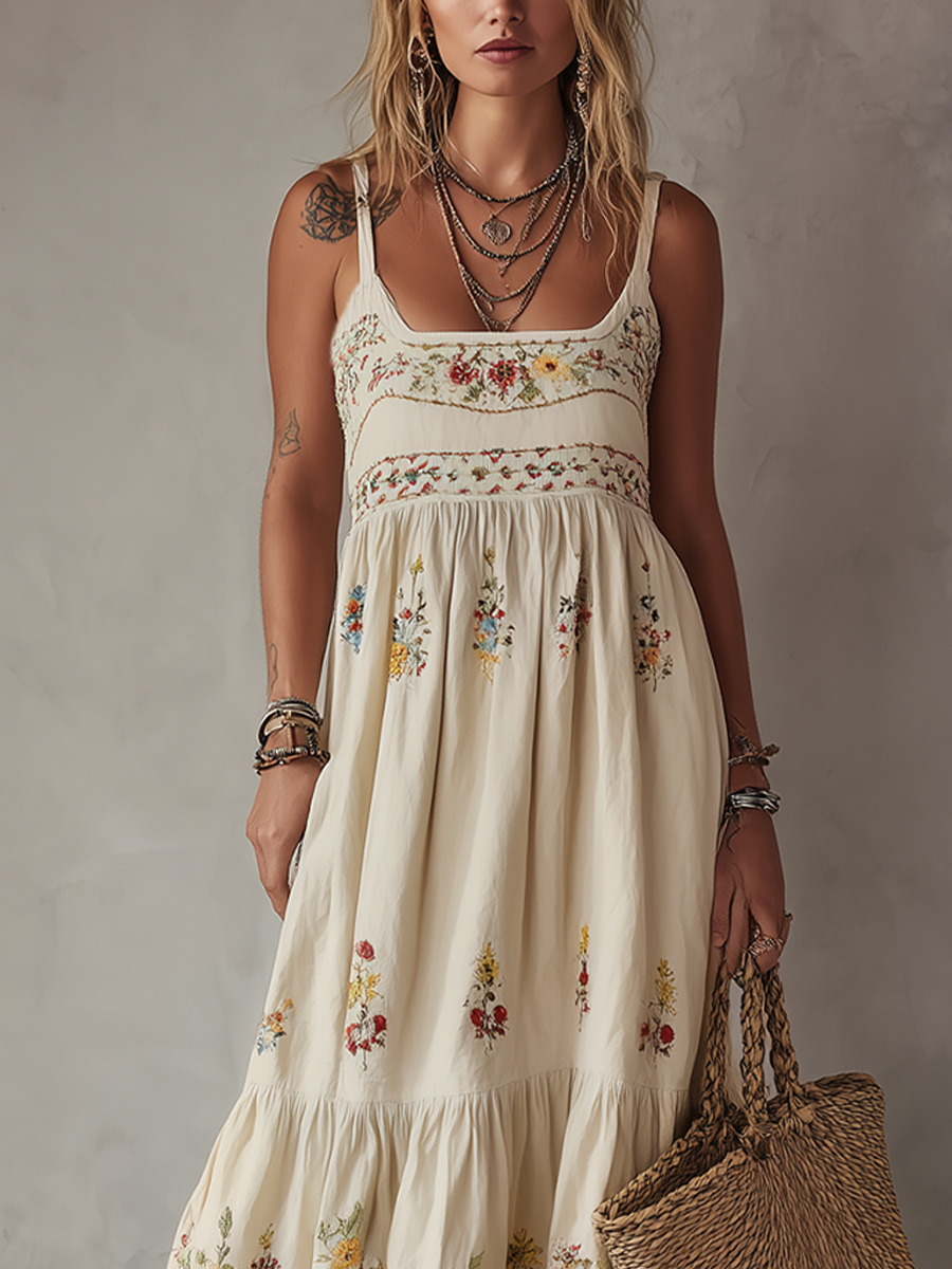 Ivory White Floral Embroidered Bohemian Maxi Dress With Thin Straps
