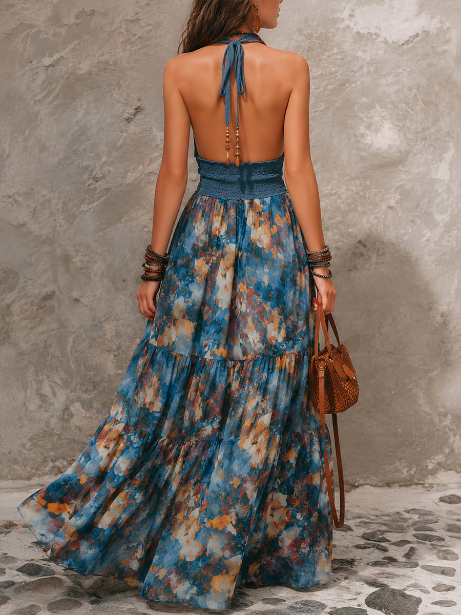 Bohemian-print Halter-neck Maxi Chiffon Dress