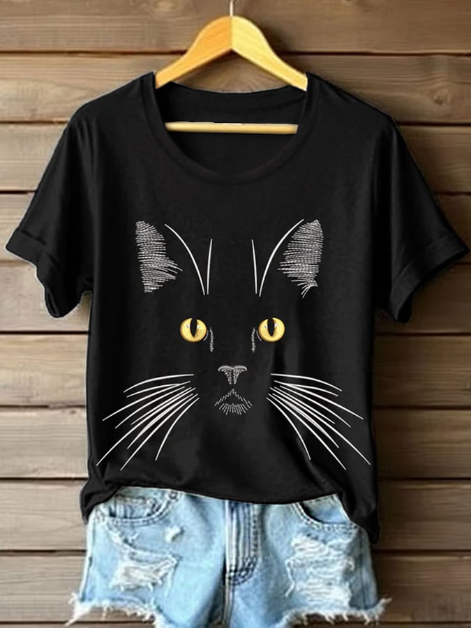 Womens Animal Print Cat Graphic Crew Neck Comfortable T-Shirt