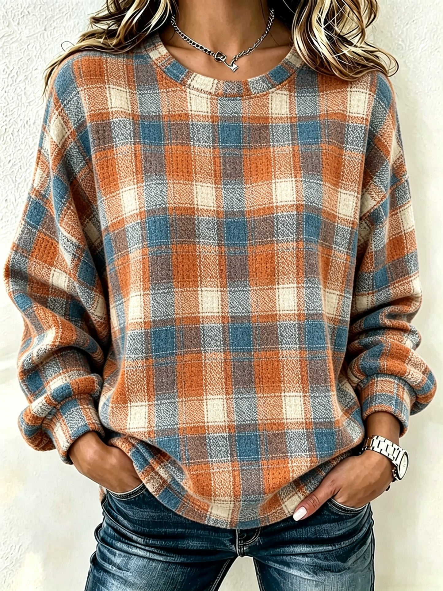 Women's Retro Fall Plaid Print Crew-Neck Sweatshirt