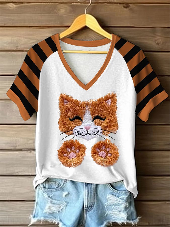 Women's Retro Cute Cat Print Raglan Short Sleeve T-Shirt