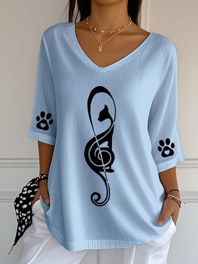 Women's Cute Cat Print Casual V-Neck T-Shirt