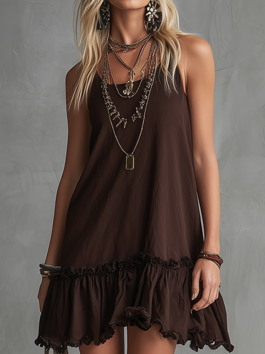 Bohemian Style Dark Brown Ruffled Sundress