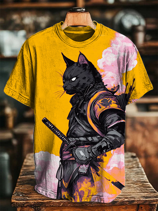 Men's Domineering Black Cat Warrior Knight Print T-Shirt