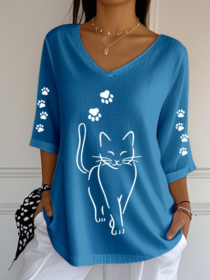 Women's Cute Cat Print Casual V-Neck T-Shirt