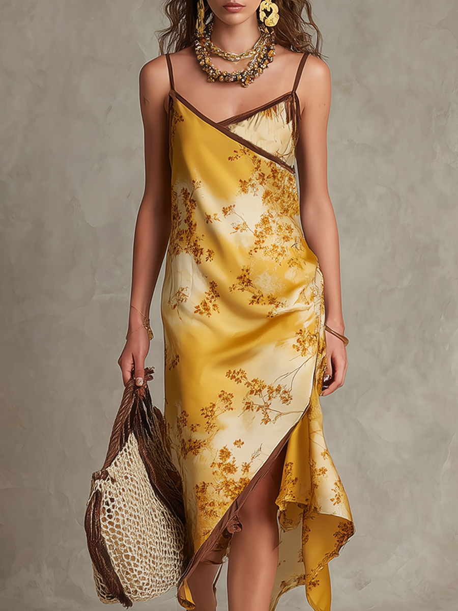 Golden Floral Asymmetric Slip Midi Dress
