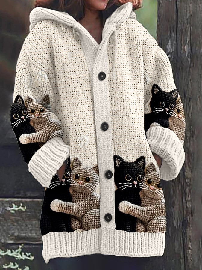 Women's Casual Cat Print Hooded Cardigan