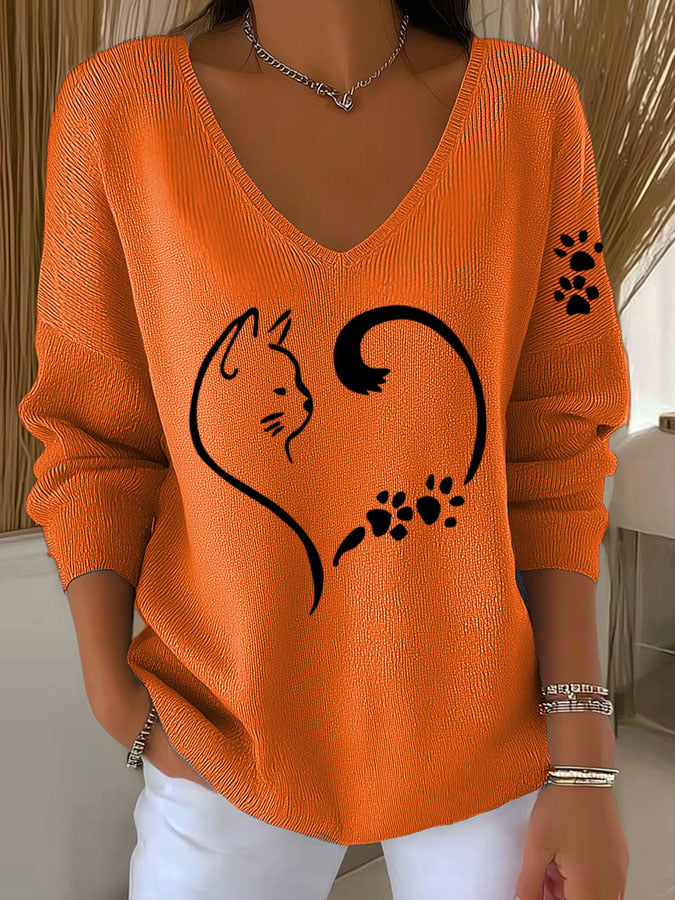 Women's Casual Cat Paw & Heart Print T-Shirt