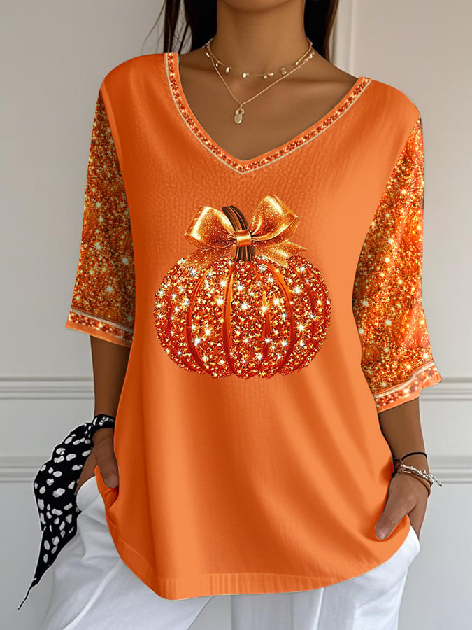 Women's Sequined Pumpkin Print Jacquard Fabric Casual V-Neck Top