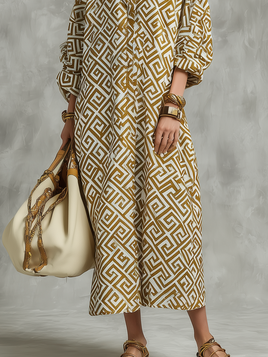 Geometric Print Comfortable Long Dress Suitable For Both Work And Vacation