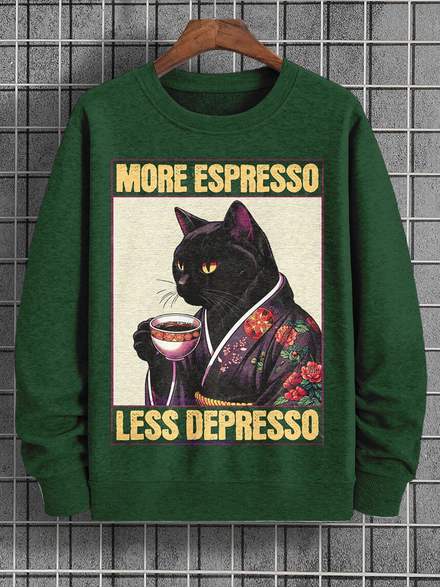 Men's More Espresso Less Depresso Kimono Cat Japanese Art Print Casual Sweatshirt