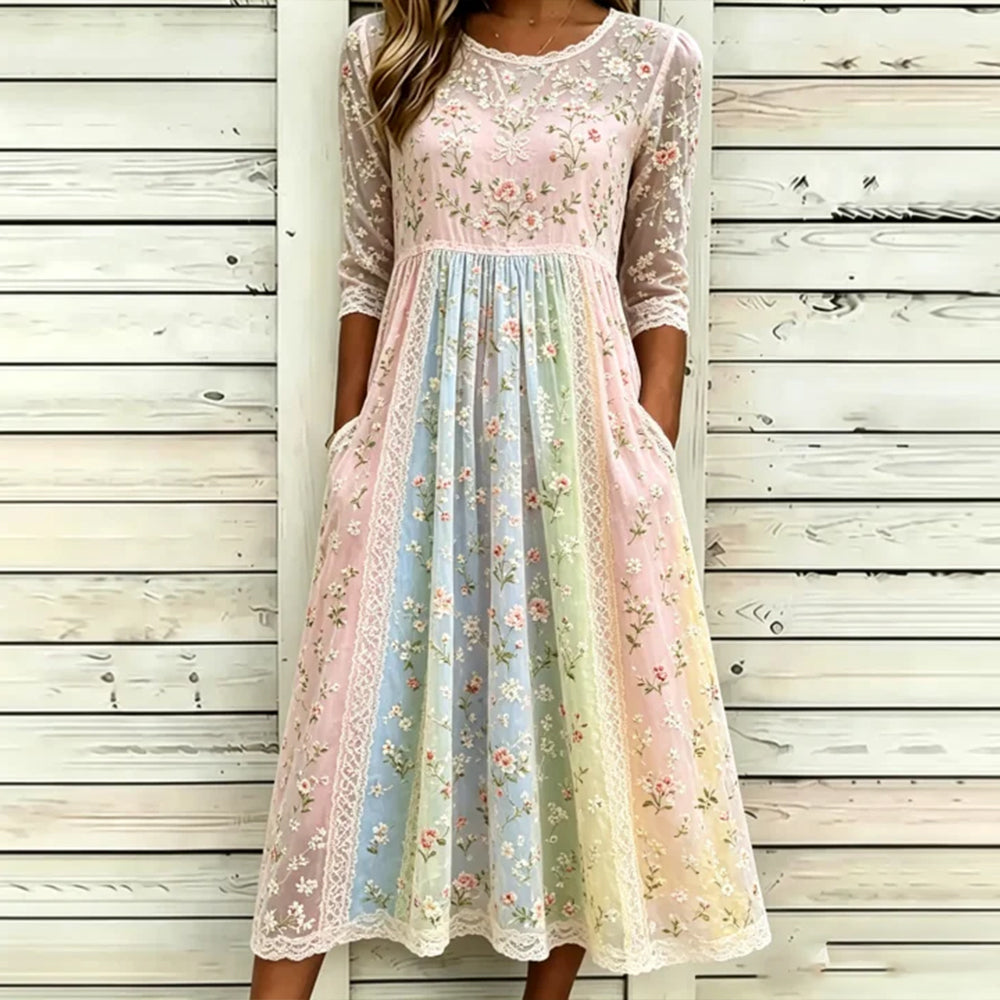 Women's Small Floral Embroidery And Lace Art Splicing Comfortable Cotton Linen Long Sleeve Round Neck Dress