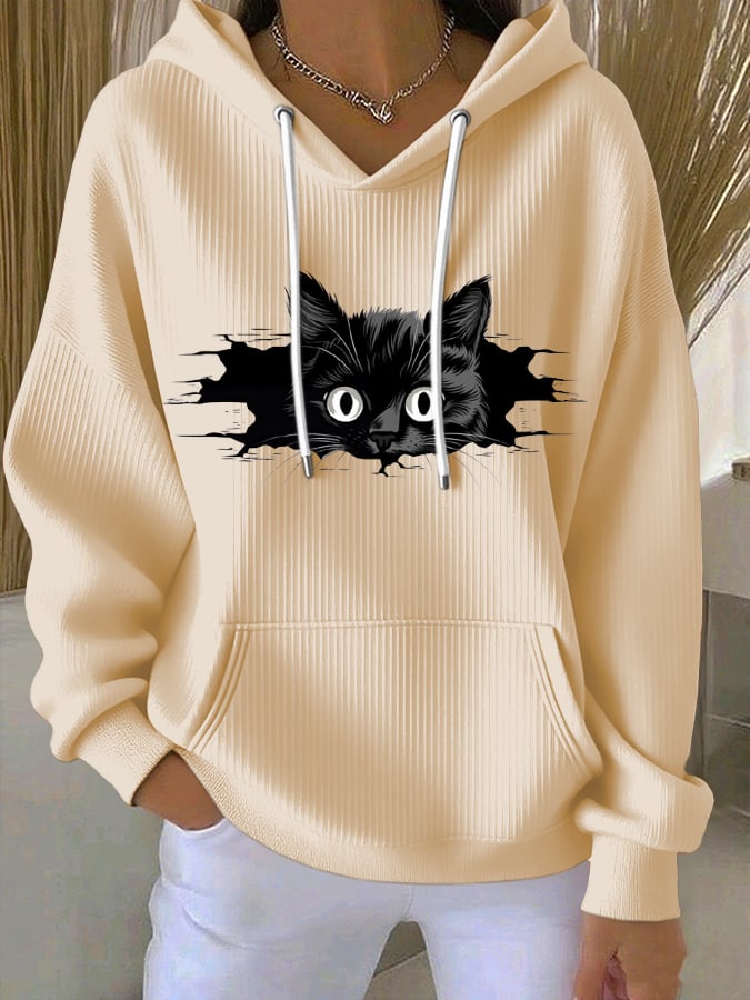 Women's Peeking Black Cat Print Casual Hoodie