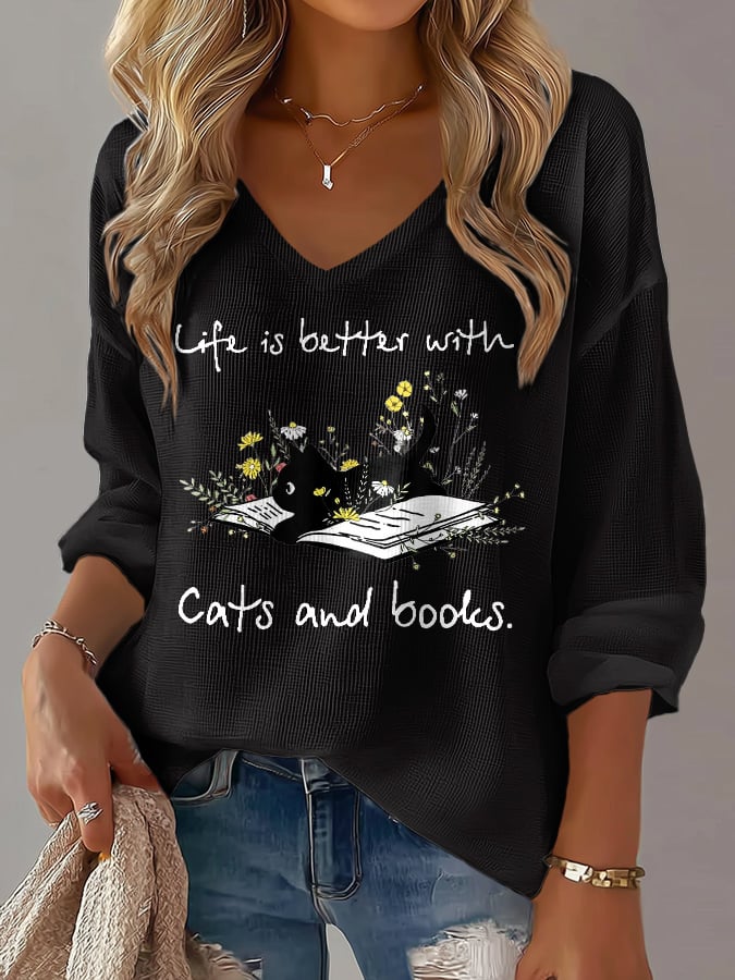 Women's 'life Is Better With Cats And Books' Cat Print Waffle Long-Sleeved T-Shirt