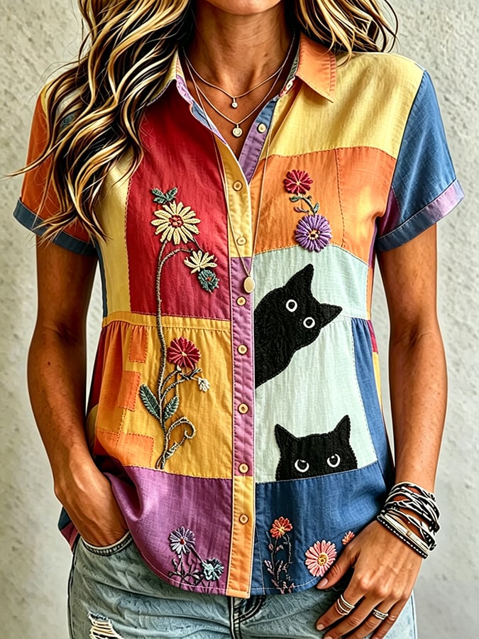 Women's Casual Cat Floral Print Shirt