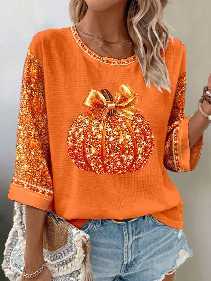 Women's Autumn Sequin Pumpkin Print Waffle Fabric 3/4 Sleeve Top