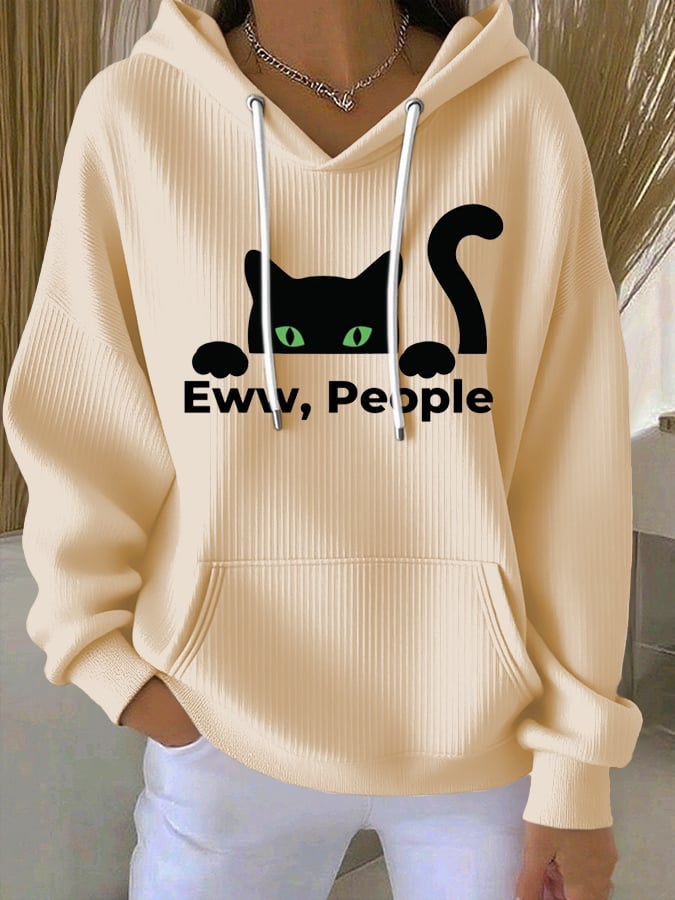Women's Ew People Cat Print Casual Hoodie
