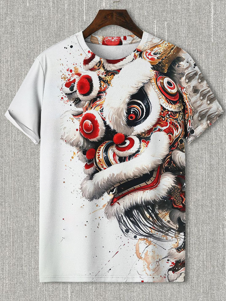 Men's Traditional Chinese Lion Dance Print T-Shirt