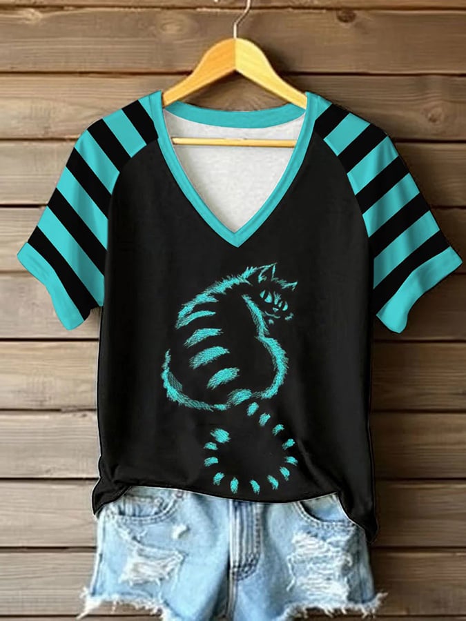 Women's Retro Cute Cat Print Raglan Short Sleeve T-Shirt