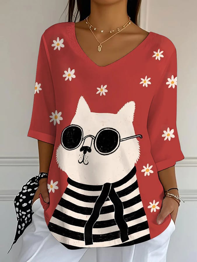 Women'S Autumn Cozy Cat in Clothes Print T-Shirt