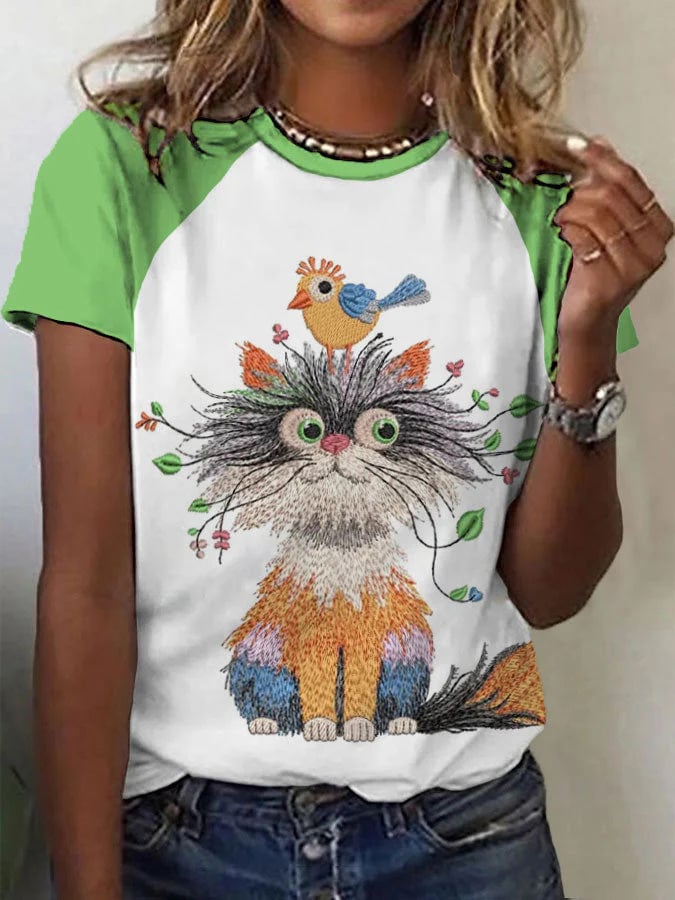Women's Animal Cute Cat Graphic Print Raglan Comfortable T-shirt