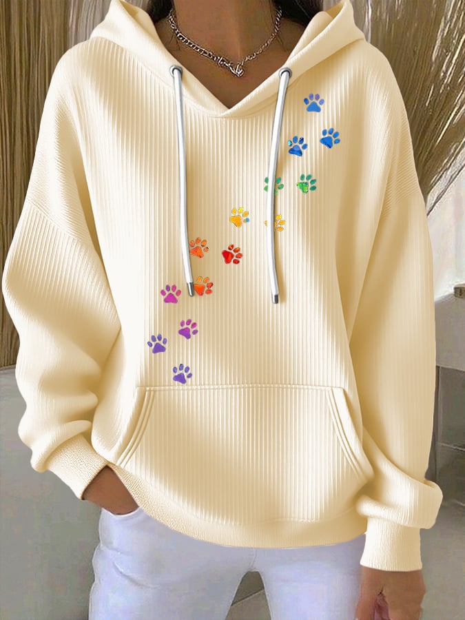 Women's Retro Animal Paw Print Casual Hoodie