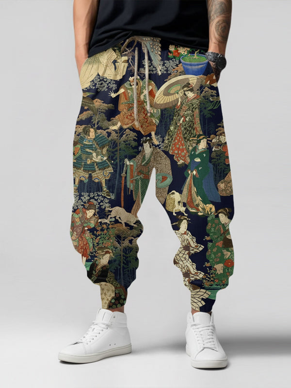 Men's Geisha Samurai Japanese Ukiyo-e Art Print Loose Drawstring Waist Sweatpants