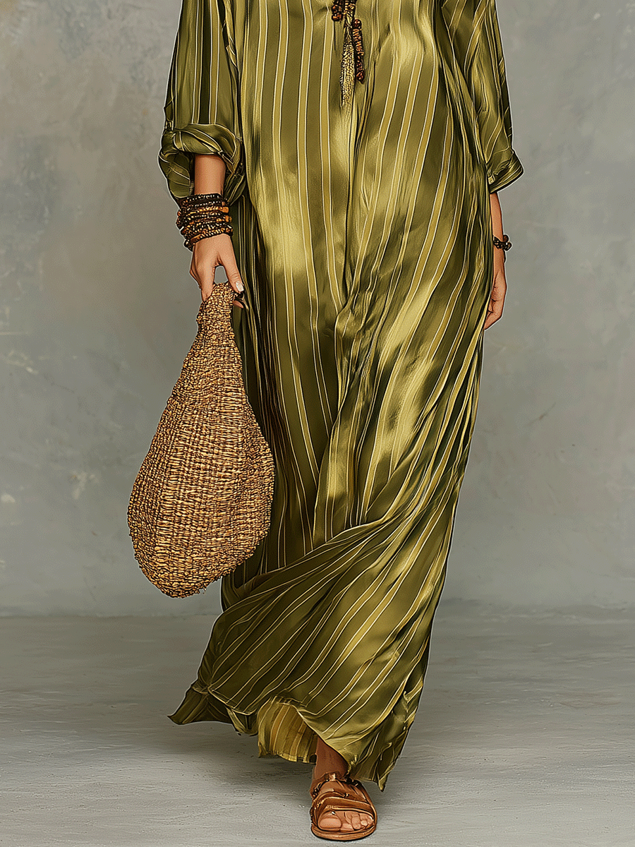 Refined Bohemian Chic Olive Satin Stripe Maxi Dress