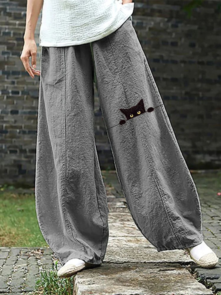 Women's Fun Black Cat Print Woven Pants