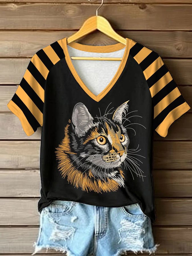 Women's Retro Cute Cat Print Raglan Short Sleeve T-Shirt