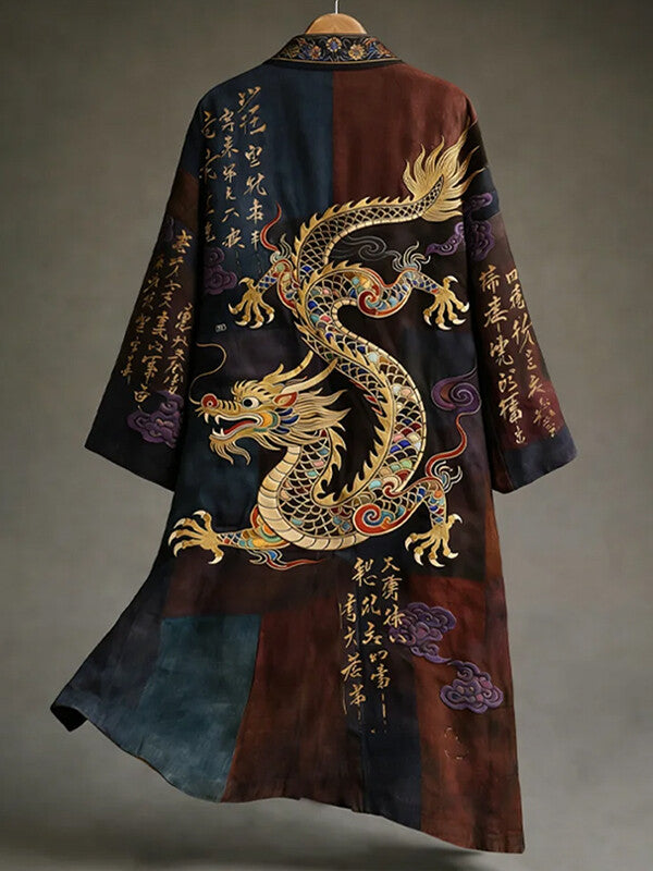 Men's Japanese Art Calligraphy Dragon Printed Casual Kimono Cardigan