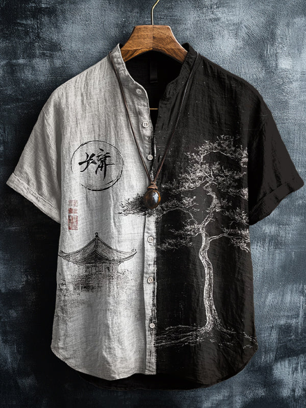 Men's Yin-Yang Splice Color Tree Japanese Zen Pagoda Print Short Sleeve Shirt