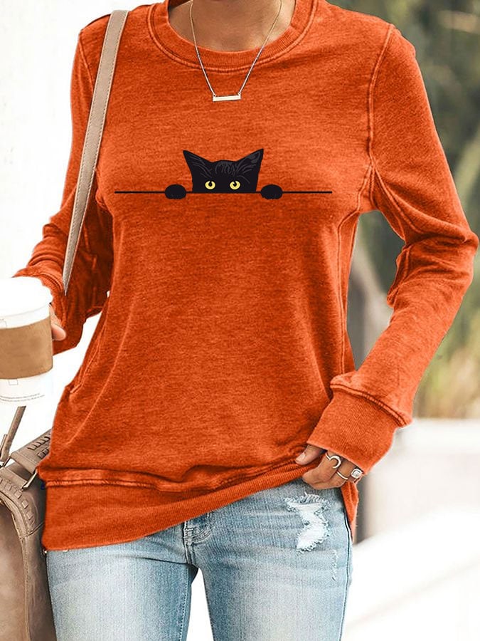 Women's Cat Printed Crew Neck Sweatshirt