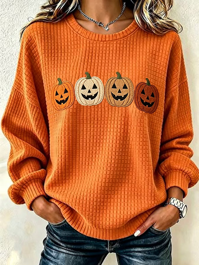 Women's Autumn Pumpkin-Print Crew-Neck Waffle-Knit Sweatshirt